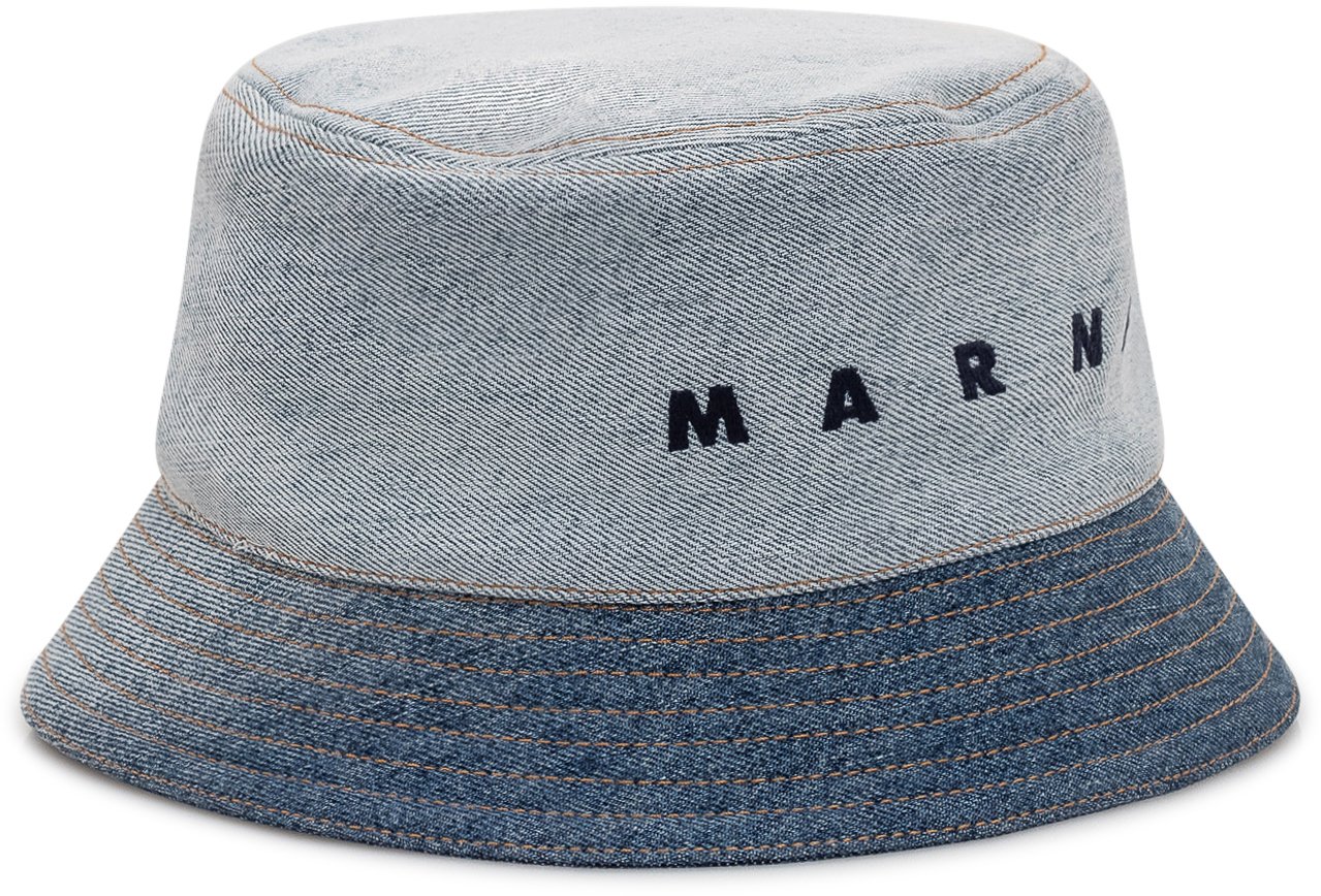Marni Cappello Bucket Denim con Logo Ricamato Lichtblauw