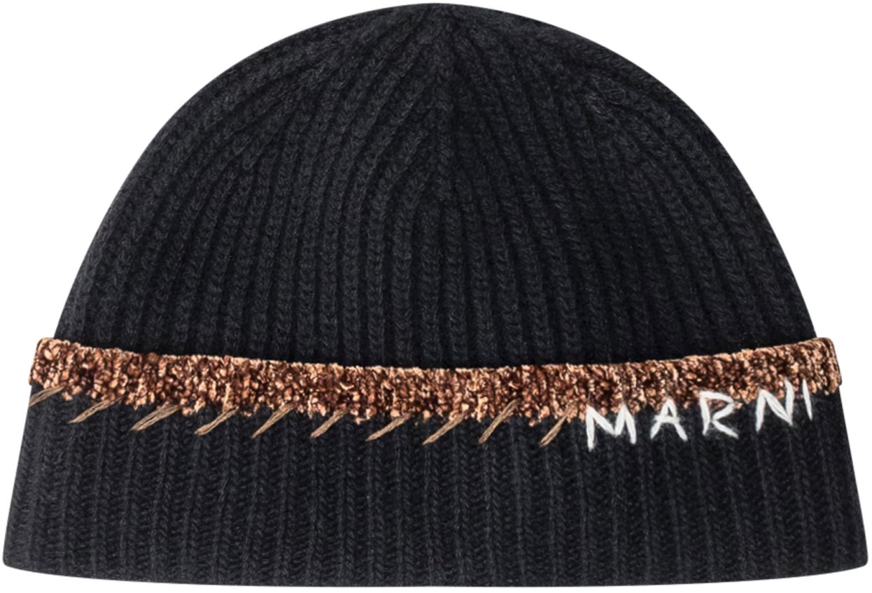 Marni Cappello Beanie in Lana con Logo Marni Zwart