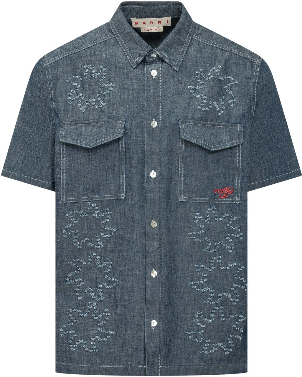 Marni Camicia Denim con Tasche Applicate e Ricami Navy
