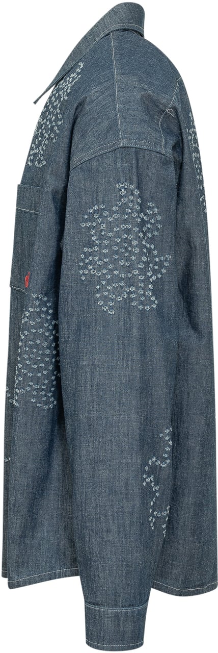 Marni Camicia Denim con Ricami e Tasca Applicata Navy