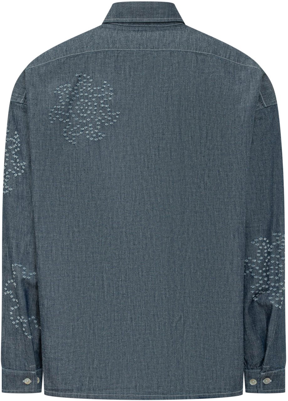 Marni Camicia Denim con Ricami e Tasca Applicata Navy