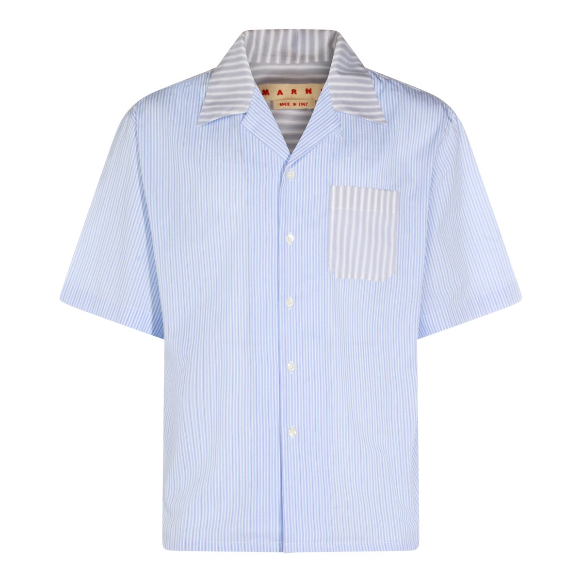 Marni Relaxed Fit Short-Sleeve Shirt with Striped Collar and Pocket Blauw