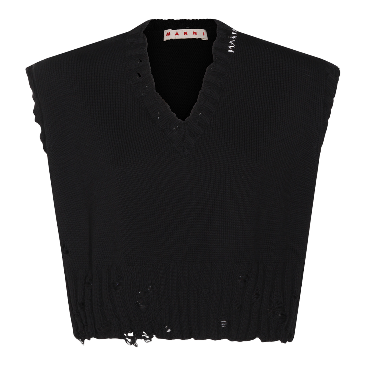 Marni Sleeveless Black Knit Sweater Vest With Distressed Detailing Zwart