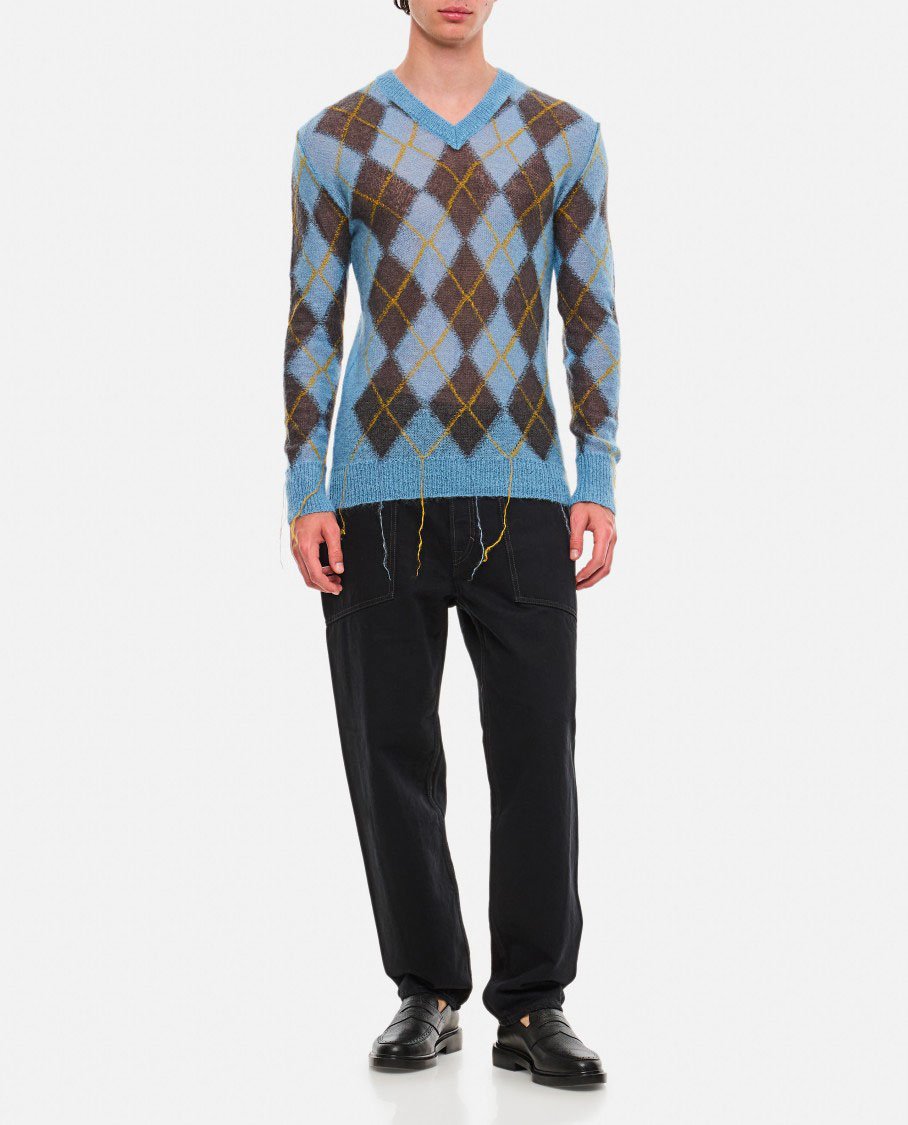 Marni Argyle Pattern V-Neck Sweater With Distressed Finish Blauw