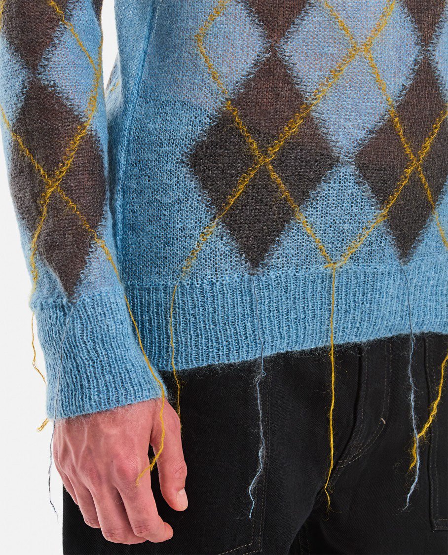 Marni Argyle Pattern V-Neck Sweater With Distressed Finish Blauw
