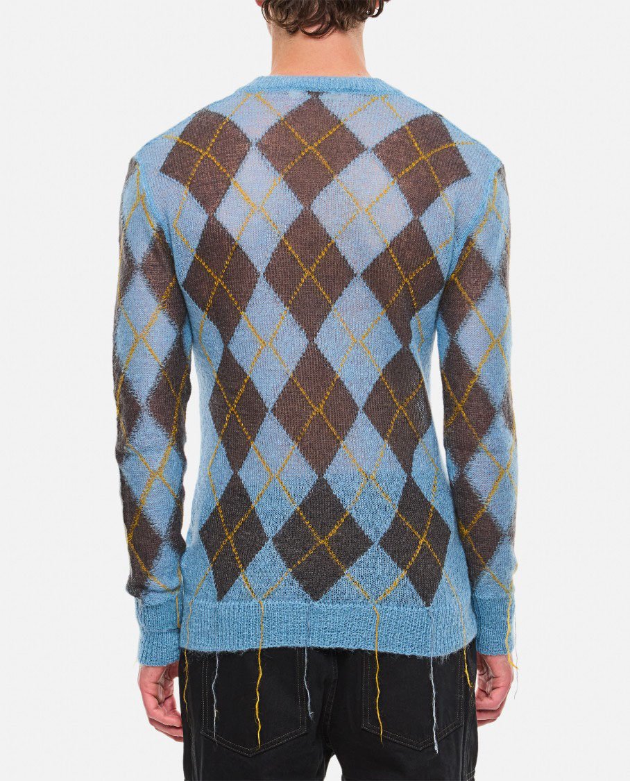 Marni Argyle Pattern V-Neck Sweater With Distressed Finish Blauw