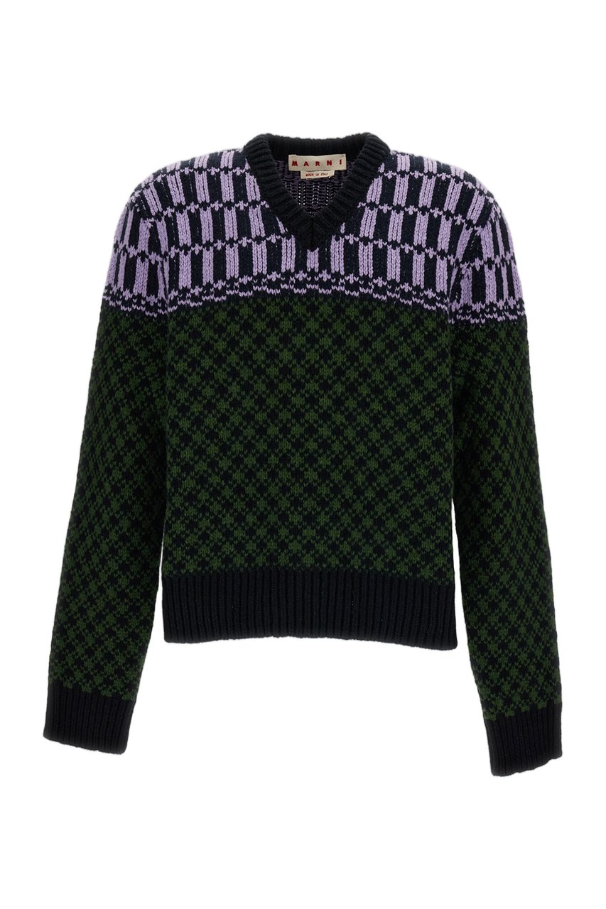 Marni Multicolor Geometric Jacquard Wool Sweater Groen