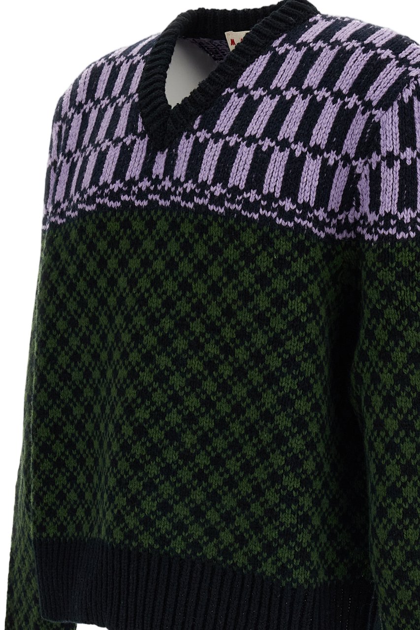 Marni Multicolor Geometric Jacquard Wool Sweater Groen