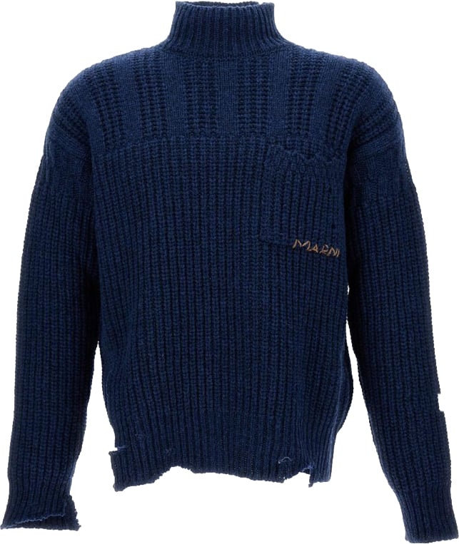 Marni High-Neck Cable-Knit Jumper With Logo Embroidery Blauw