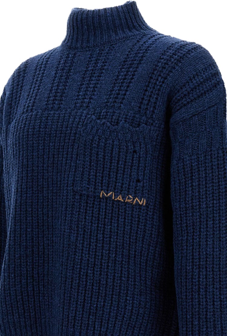 Marni High-Neck Cable-Knit Jumper With Logo Embroidery Blauw