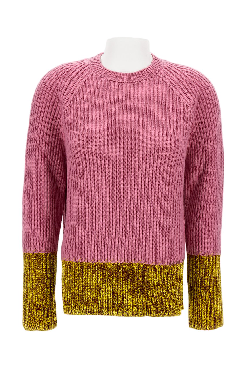 Marni Color Block Wool Crew Neck Sweater With Exposed Stitching Roze