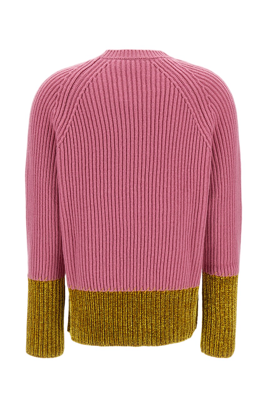 Marni Color Block Wool Crew Neck Sweater With Exposed Stitching Roze