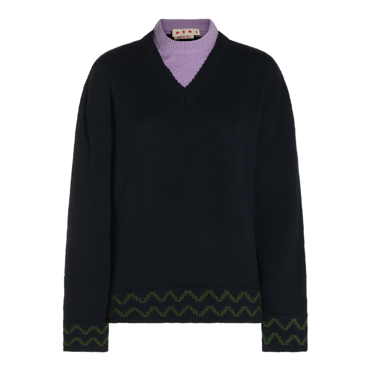 Marni Deep V-Neck Sweater With Ribbed Collar And Zigzag Detailing Zwart