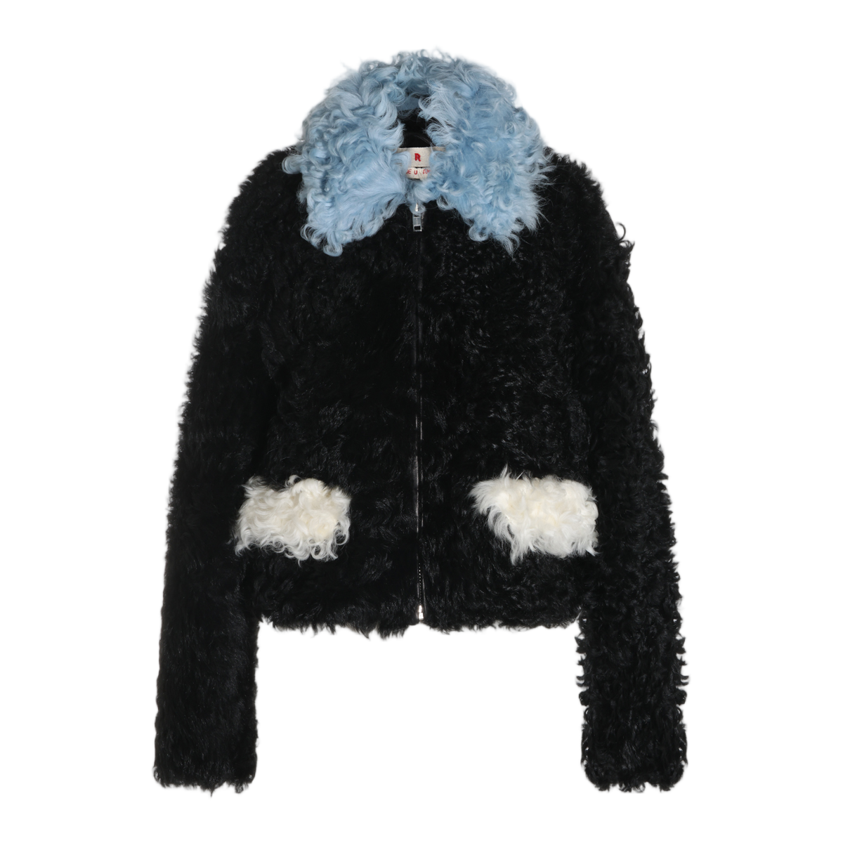 Marni Textured Black Cropped Jacket With Light Blue Curly Collar Zwart