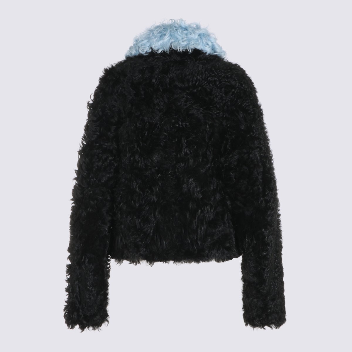 Marni Textured Black Cropped Jacket With Light Blue Curly Collar Zwart
