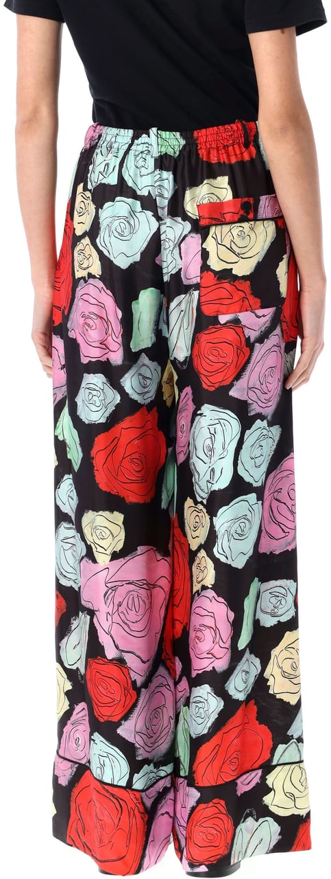 Marni Pijama Pant Silk Twill Roses Black Multi Rose Blauw