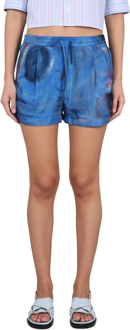 Marni Relaxed-Fit Silk Shorts With Artistic Print Blauw
