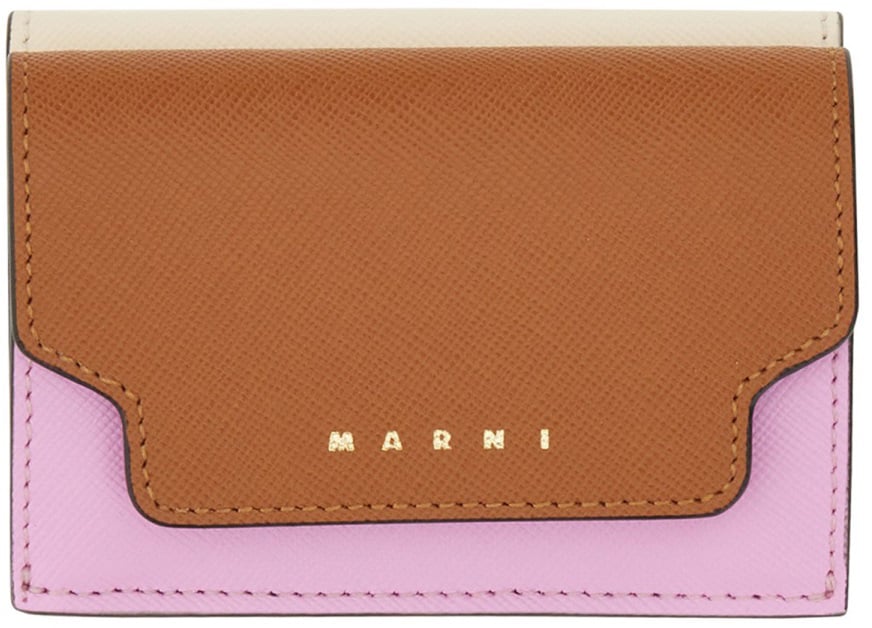Marni Color-Blocked Tri-Fold Wallet with Snap Closure Bruin