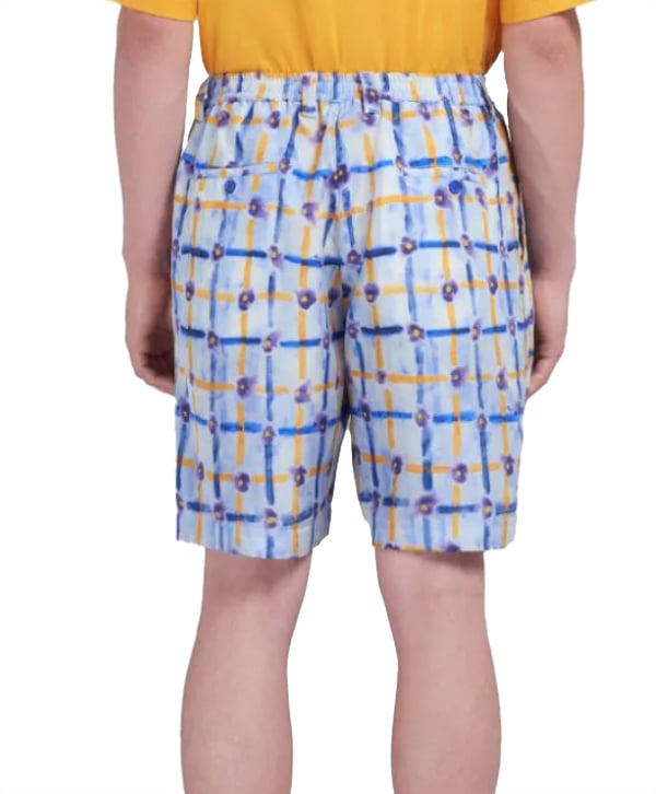 Marni Light Blue Habotai Silk Drawstring Shorts With Saraband Print Blauw