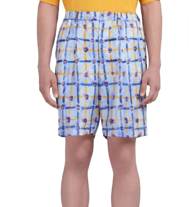Marni Light Blue Habotai Silk Drawstring Shorts With Saraband Print Blauw