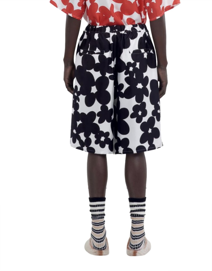 Marni Flower Printed Silk Shorts Black/white Wit