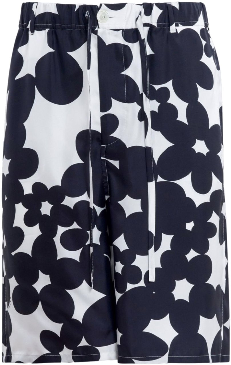 Marni Flower Printed Silk Shorts Black/white Wit