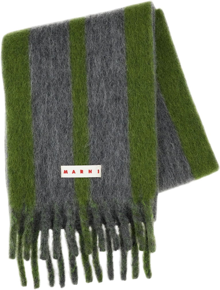 Marni Wool Scarf With Striped Pattern And Logo Detail Groen