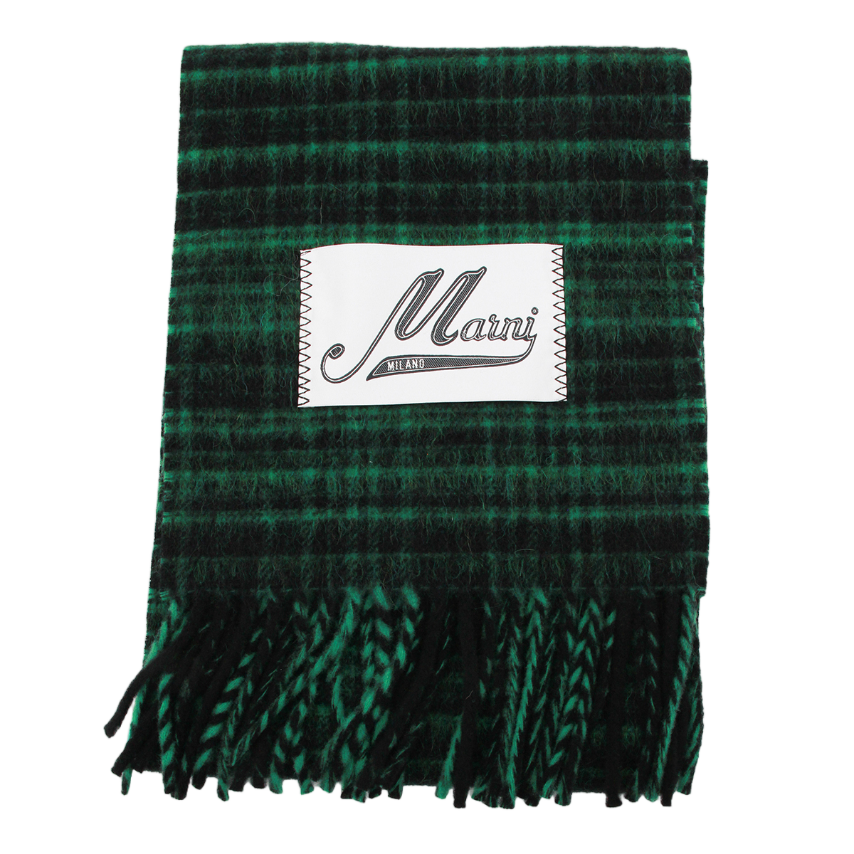 Marni Checkered Green Scarf With Fringed Edges And Stylized Patch Zwart