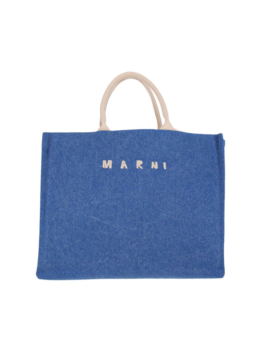Marni Rectangular Denim Tote Bag With Design Blauw