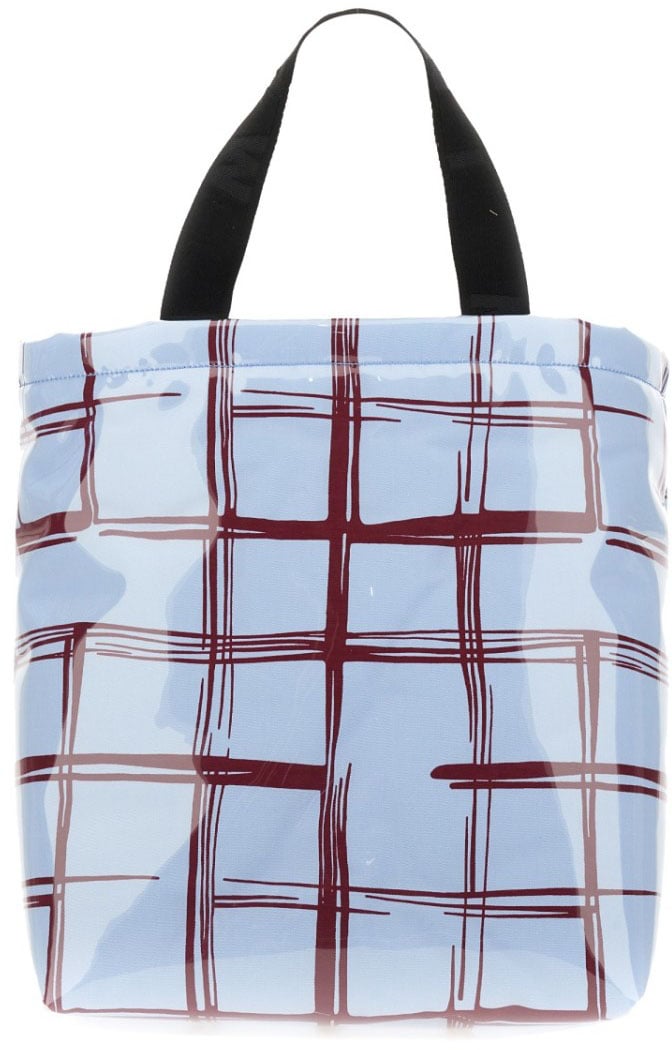 Marni Glossy Coated Canvas Tote Bag With Double Handles And Plaid Pattern Blauw