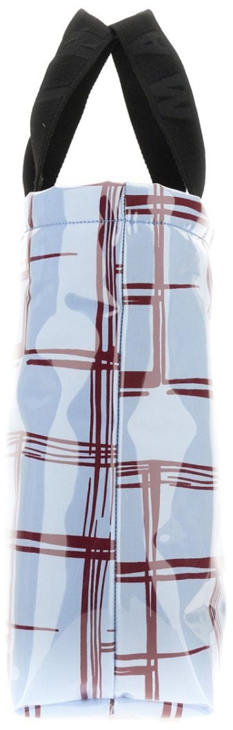 Marni Glossy Coated Canvas Tote Bag With Double Handles And Plaid Pattern Blauw