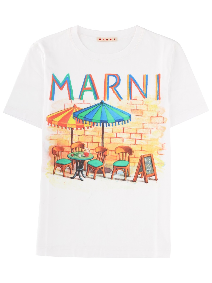 Marni Café Scene Print Cotton T-Shirt Wit