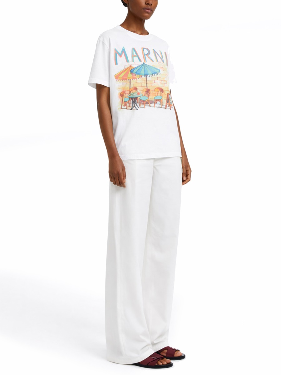Marni Café Scene Print Cotton T-Shirt Wit