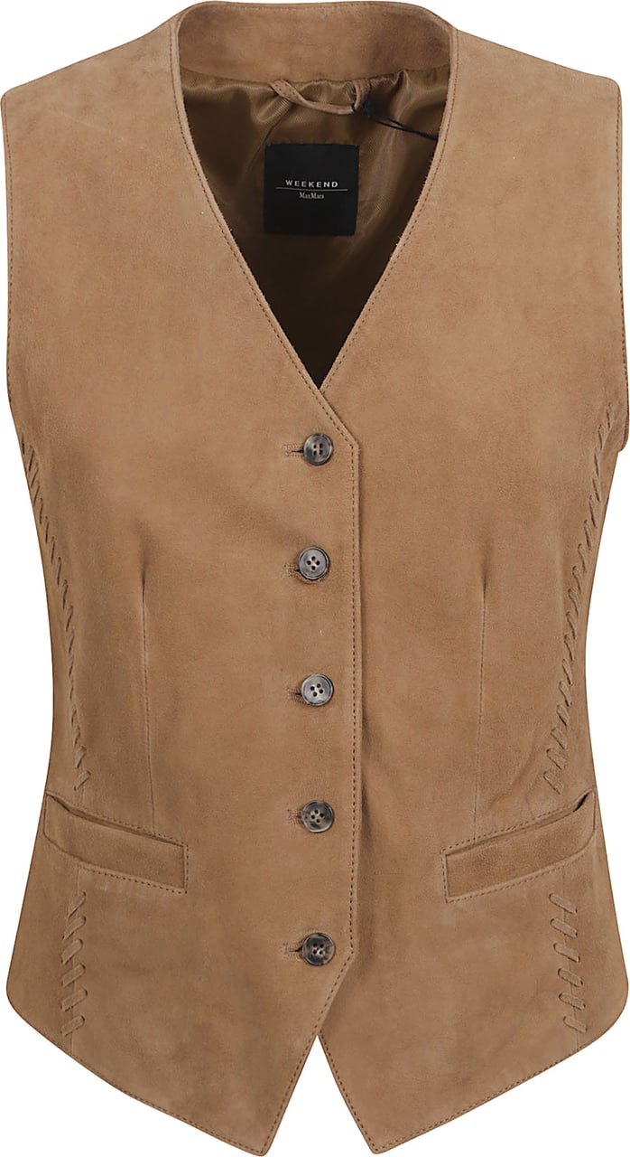 Max Mara Sleeveless Goat Leather Jacket with Tailored Fit and Front Pockets Bruin