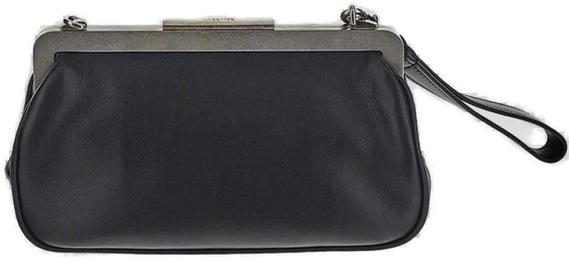 Max Mara Rounded Black Leather Clutch With Metallic Clasp Zwart