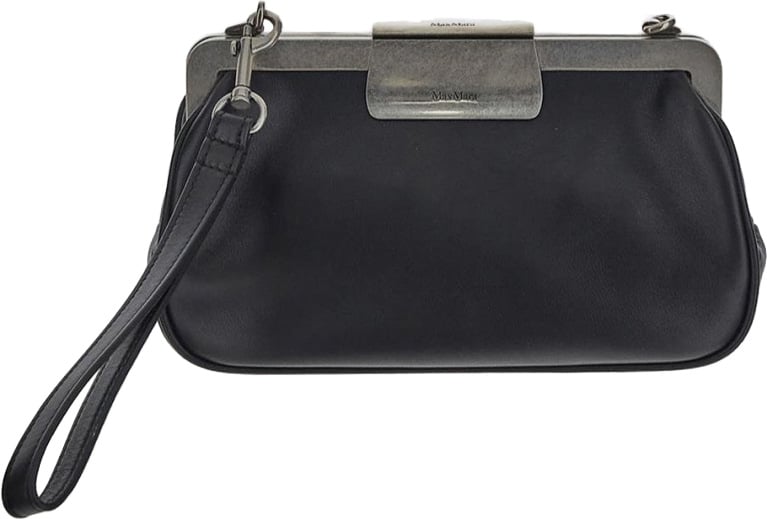 Max Mara Rounded Black Leather Clutch With Metallic Clasp Zwart