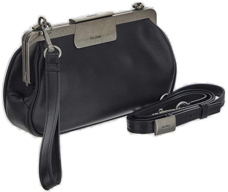Max Mara Rounded Black Leather Clutch With Metallic Clasp Zwart