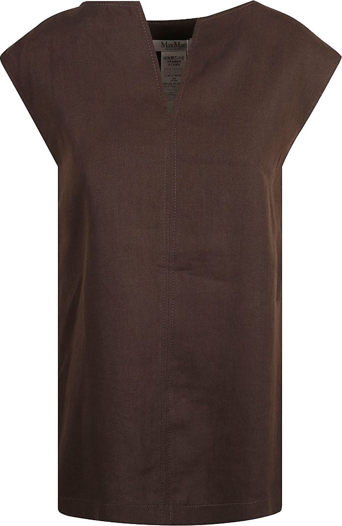 Max Mara V-Neck Linen Dress With Cap Sleeves Bruin