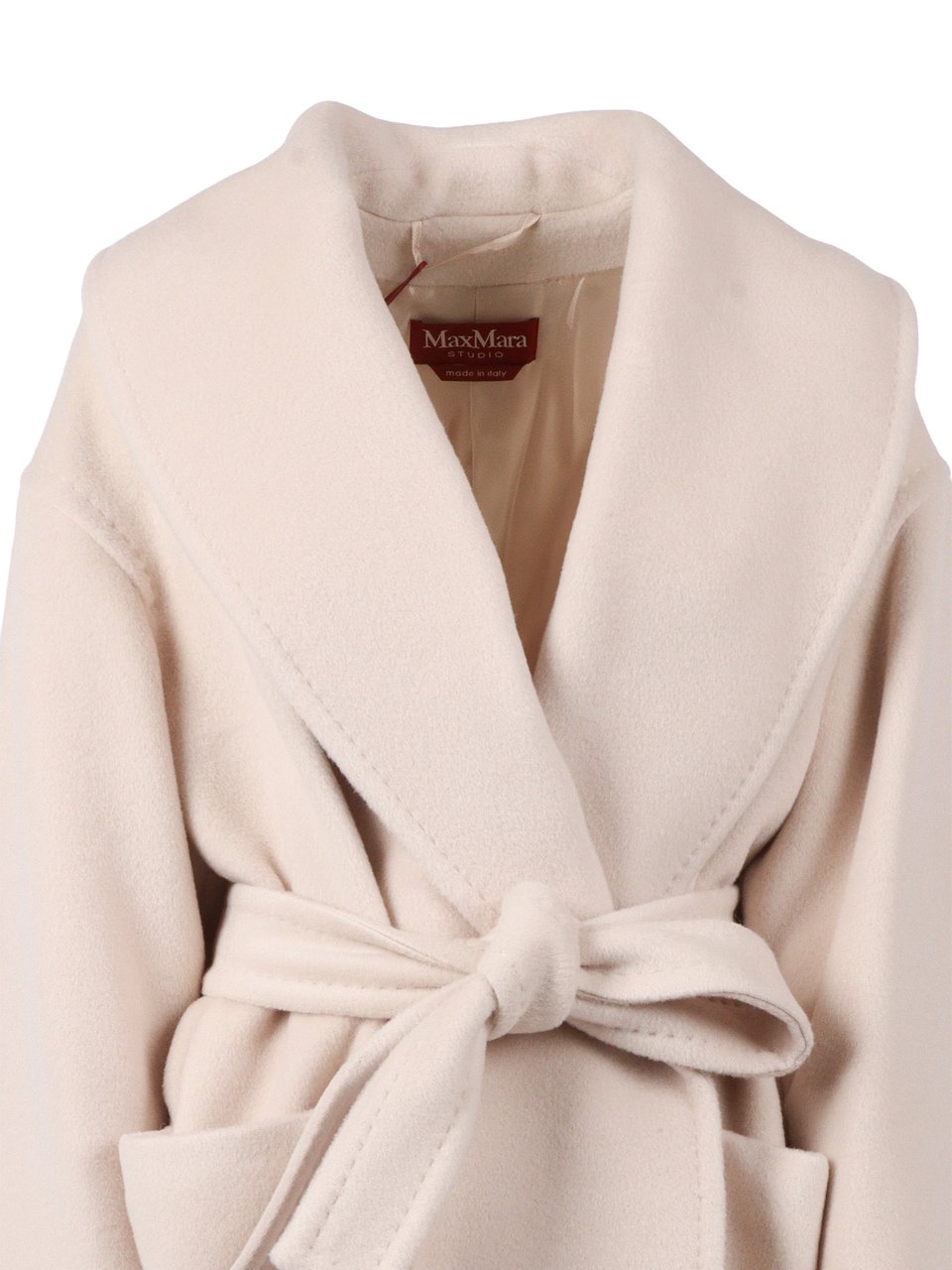 Max Mara Beige Short Coat with Wide Shawl Collar and Self-Tie Belt Neutraal