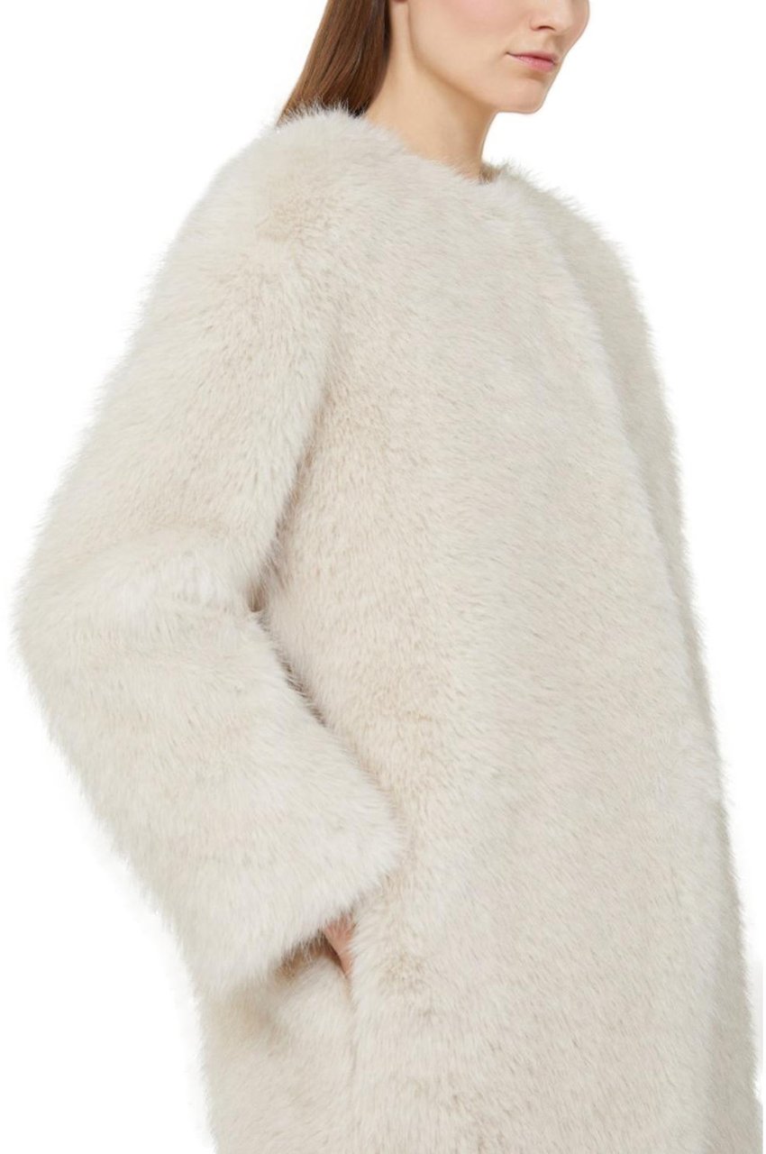 Max Mara Plush Beige Eros Coat With Collarless Design Wit