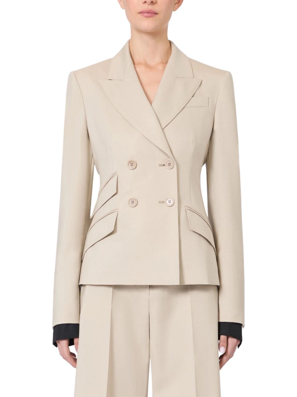 Max Mara Tailored Beige Double-Breasted Jacket with Contrasting Cuffs Neutraal