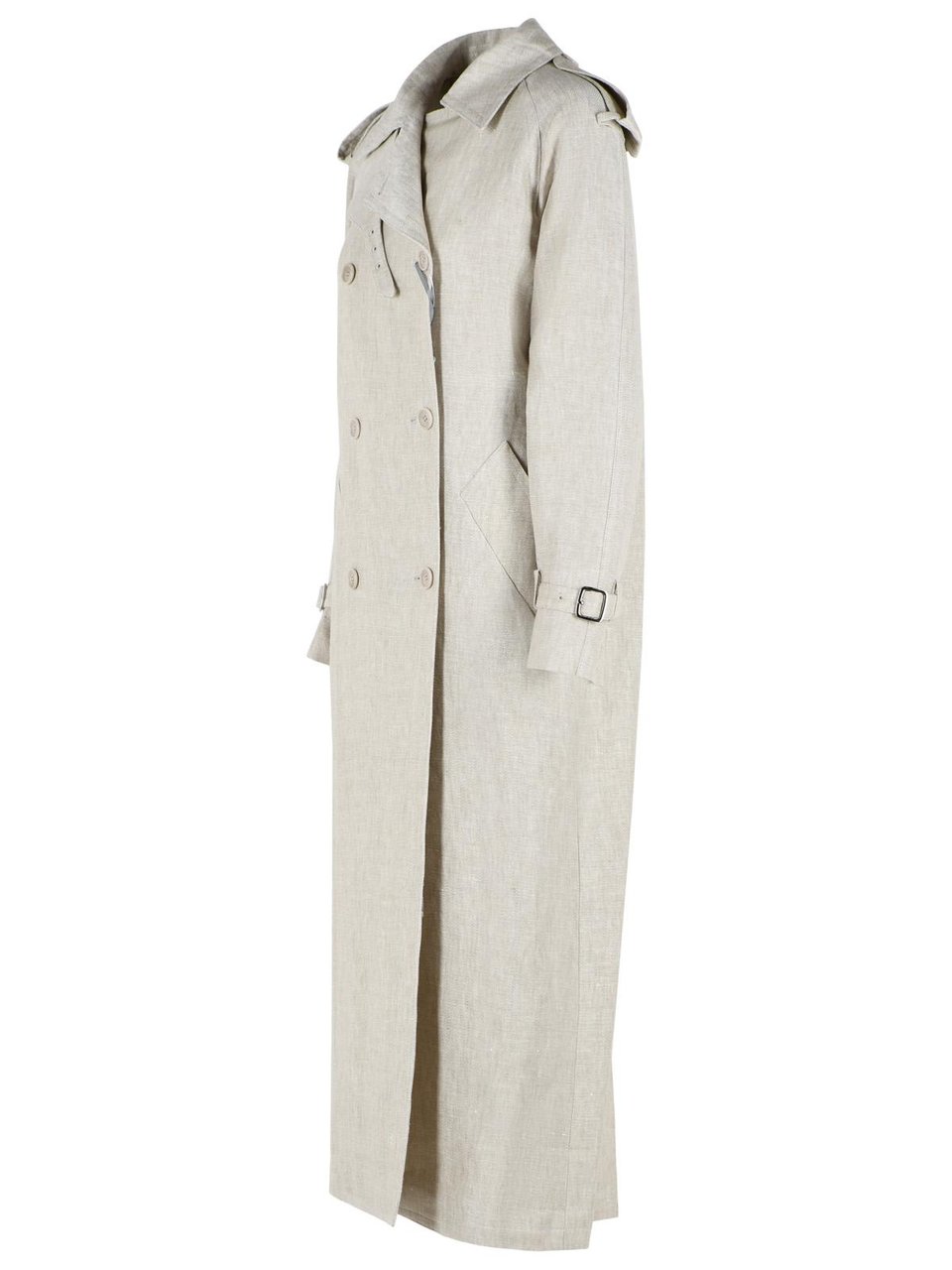 Max Mara Double-Breasted Duster In 'Drill' Of Pure Beige Sand Linen Grijs