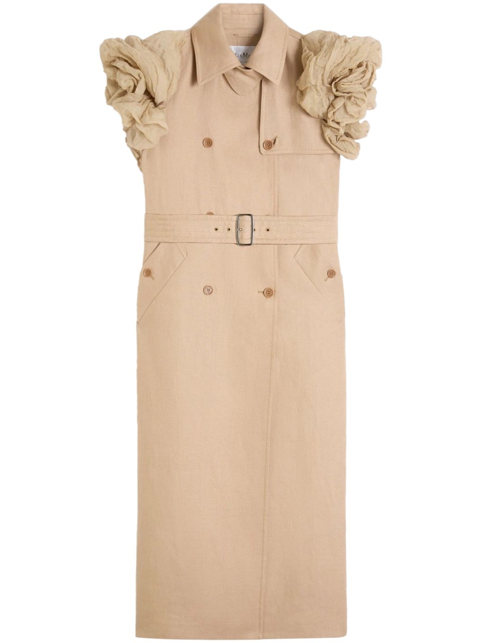 Max Mara Sleeveless Double-Breasted Linen Long Coat with Ruffled Shoulders Neutraal