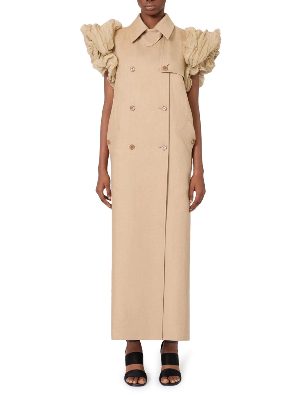 Max Mara Sleeveless Double-Breasted Linen Long Coat with Ruffled Shoulders Neutraal