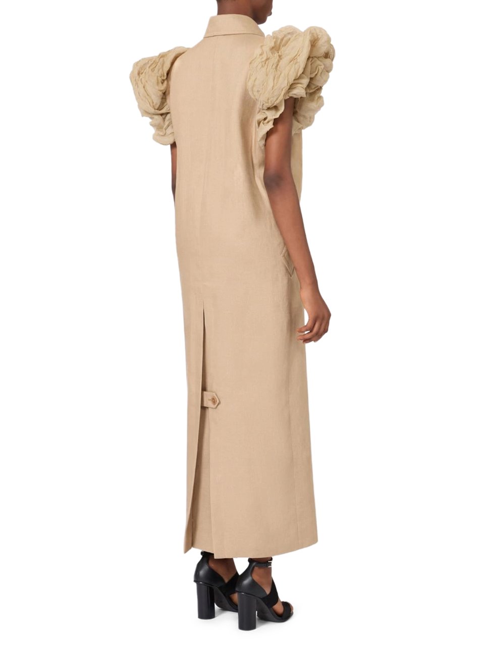 Max Mara Sleeveless Double-Breasted Linen Long Coat with Ruffled Shoulders Neutraal
