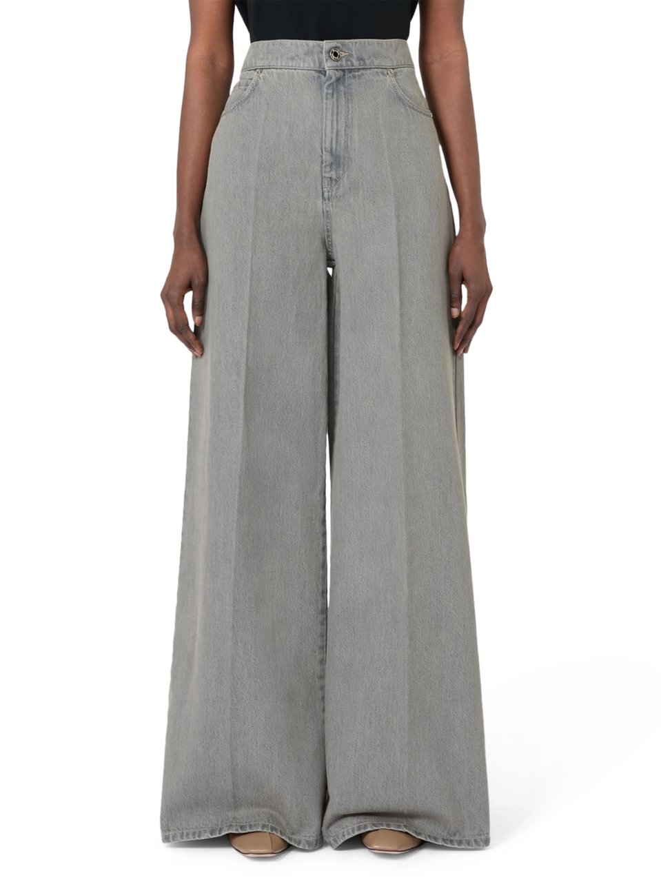 Max Mara High-Waisted Wide-Leg Denim Pants with Vintage Wash Grijs