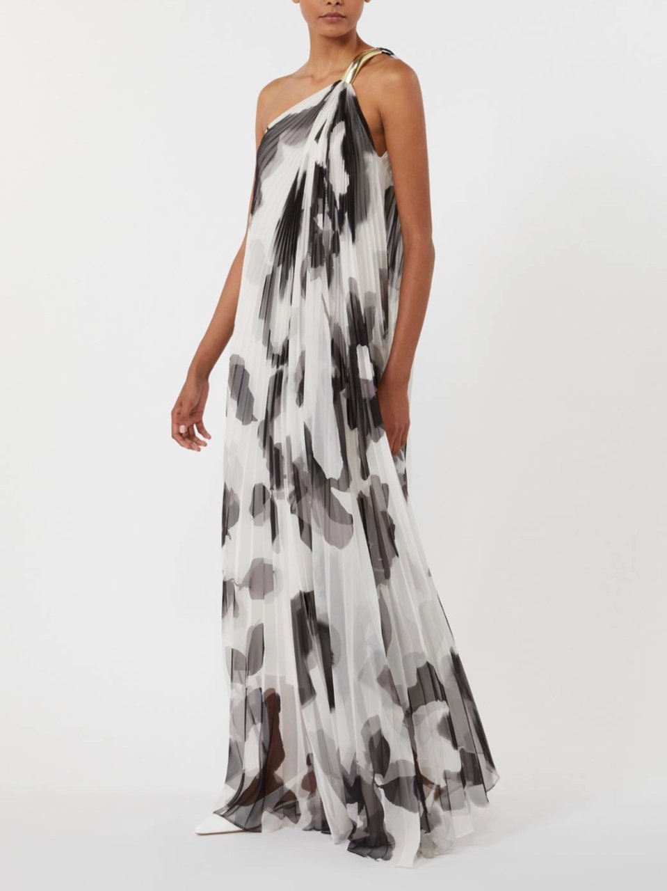 Max Mara Black White Pleated One-Shoulder Dress Wit