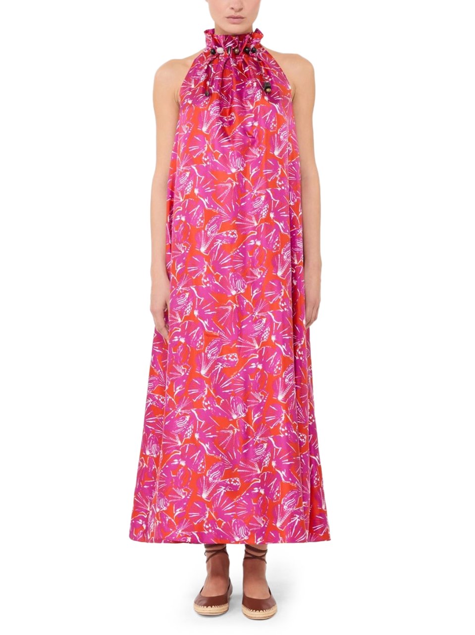Max Mara Long Flowing Silk Maxi Dress with Ruffled Collar Roze