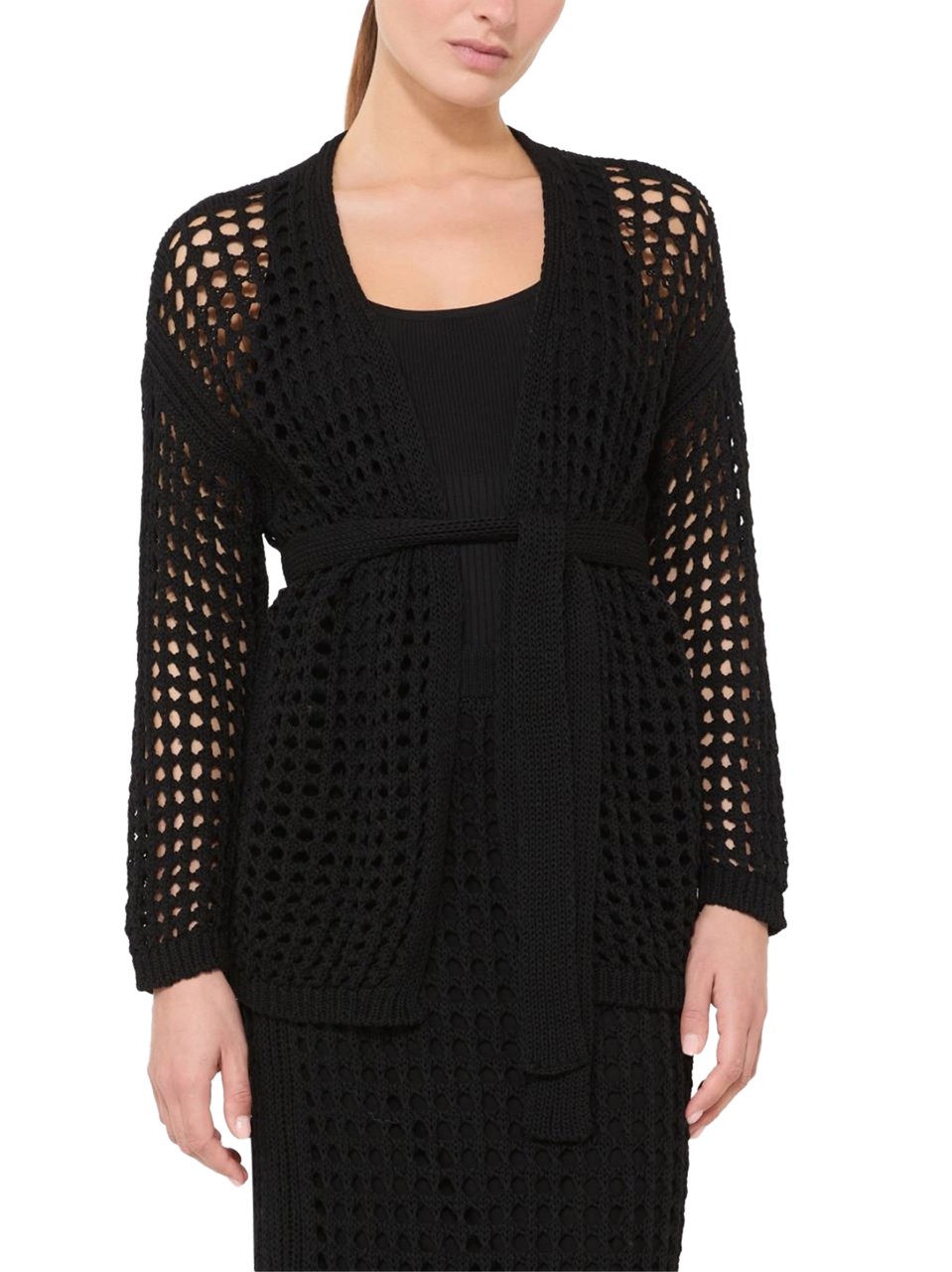 Max Mara Open-Knit Black Cardigan with Matching Knit Belt Zwart