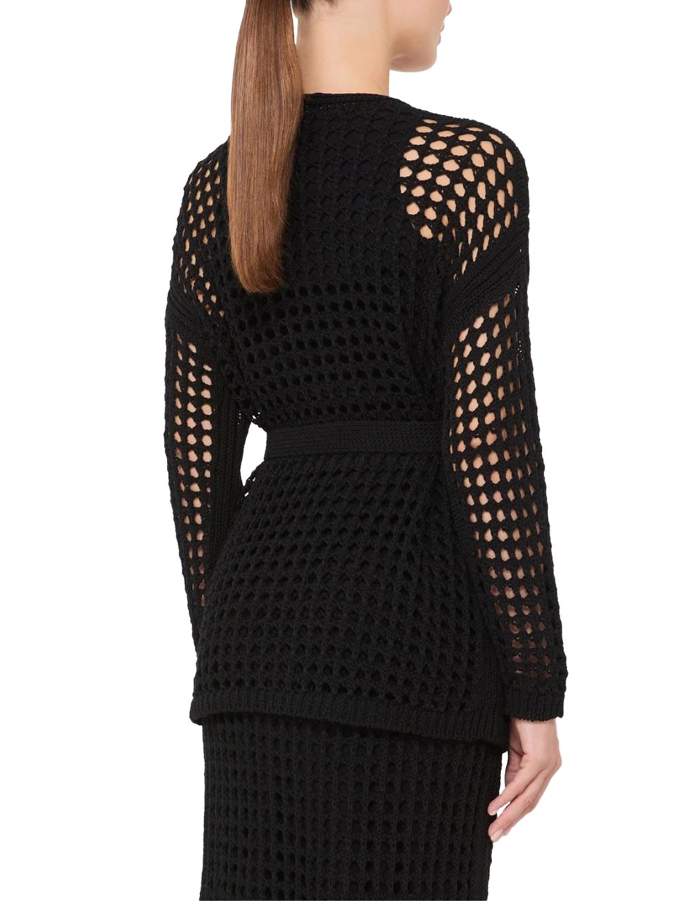 Max Mara Open-Knit Black Cardigan with Matching Knit Belt Zwart